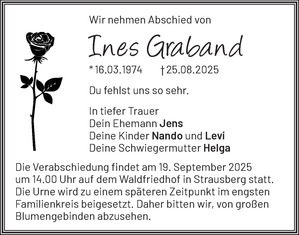  Traueranzeige für Ines Graband vom 06.09.2025 aus Märkische Oderzeitung