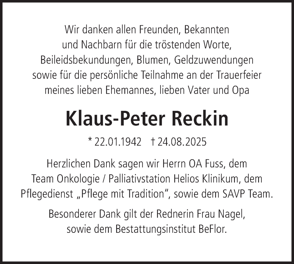  Traueranzeige für Klaus-Peter Reckin vom 27.09.2025 aus Märkische Oderzeitung