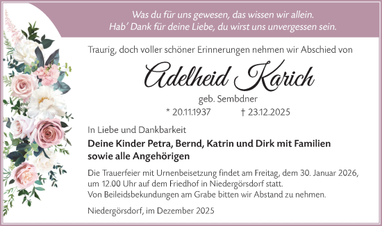 Traueranzeige von Adelheid Karich von Blickpunkt Jüterbog/Luckenwalde