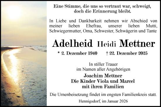 Traueranzeige von Adelheid Mettner von Märkische Oderzeitung