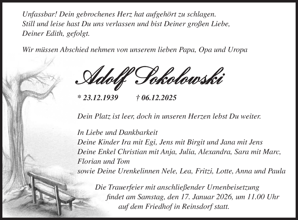  Traueranzeige für Adolf Sokolowski vom 03.01.2026 aus Blickpunkt Jüterbog/Luckenwalde
