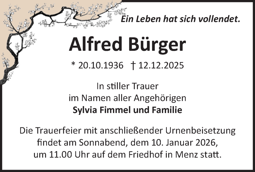  Traueranzeige für Alfred Bürger vom 03.01.2026 aus Märkische Oderzeitung