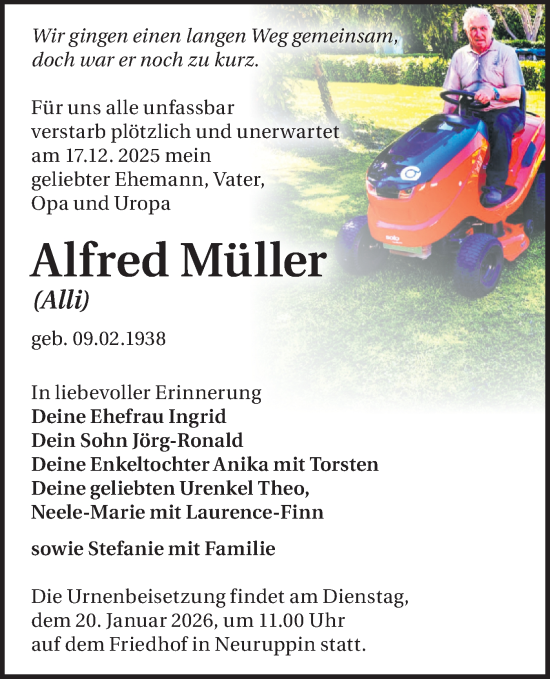 Traueranzeige von Alfred Müller von Märkische Oderzeitung