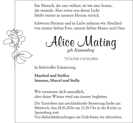 Traueranzeige von Alice Mating von Blickpunkt Ludwigsfelde/Zossen