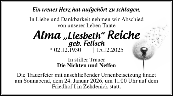 Traueranzeige von Alma „Liesbeth“ Reiche von Märkische Oderzeitung