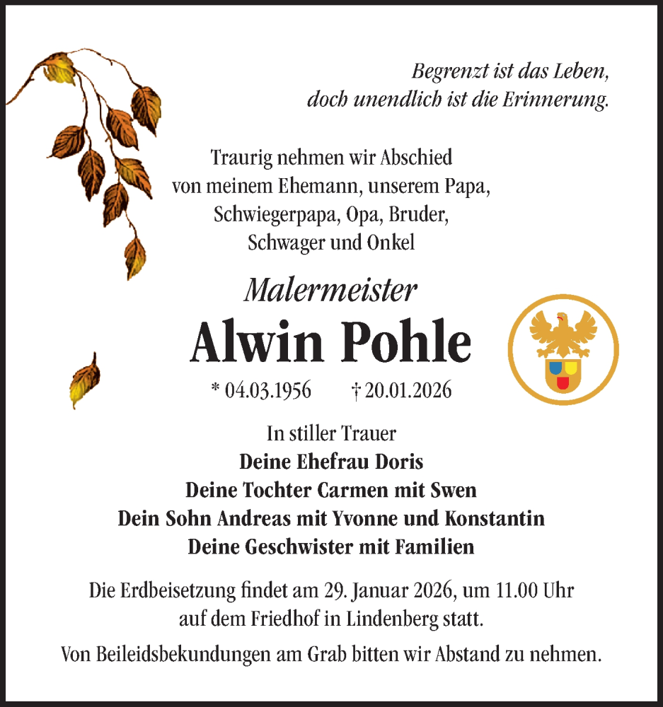  Traueranzeige für Alwin Pohle vom 24.01.2026 aus Märkische Oderzeitung