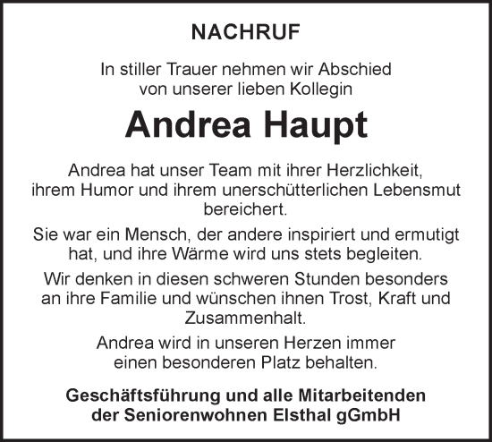 Traueranzeige von Andrea Haupt von Blickpunkt Jüterbog/Luckenwalde