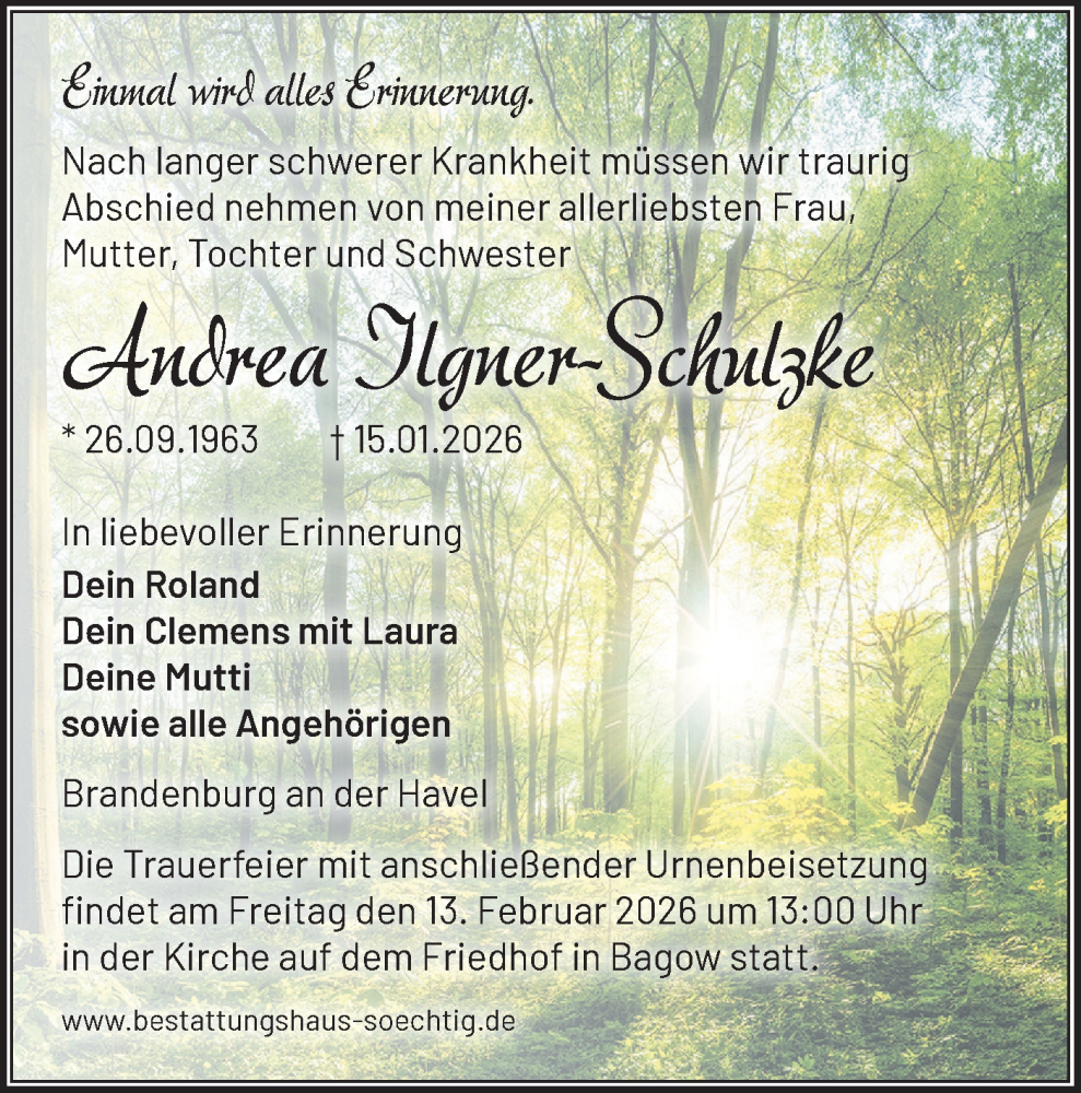  Traueranzeige für Andrea Ilgner-Schulzke vom 31.01.2026 aus Märkische Oderzeitung