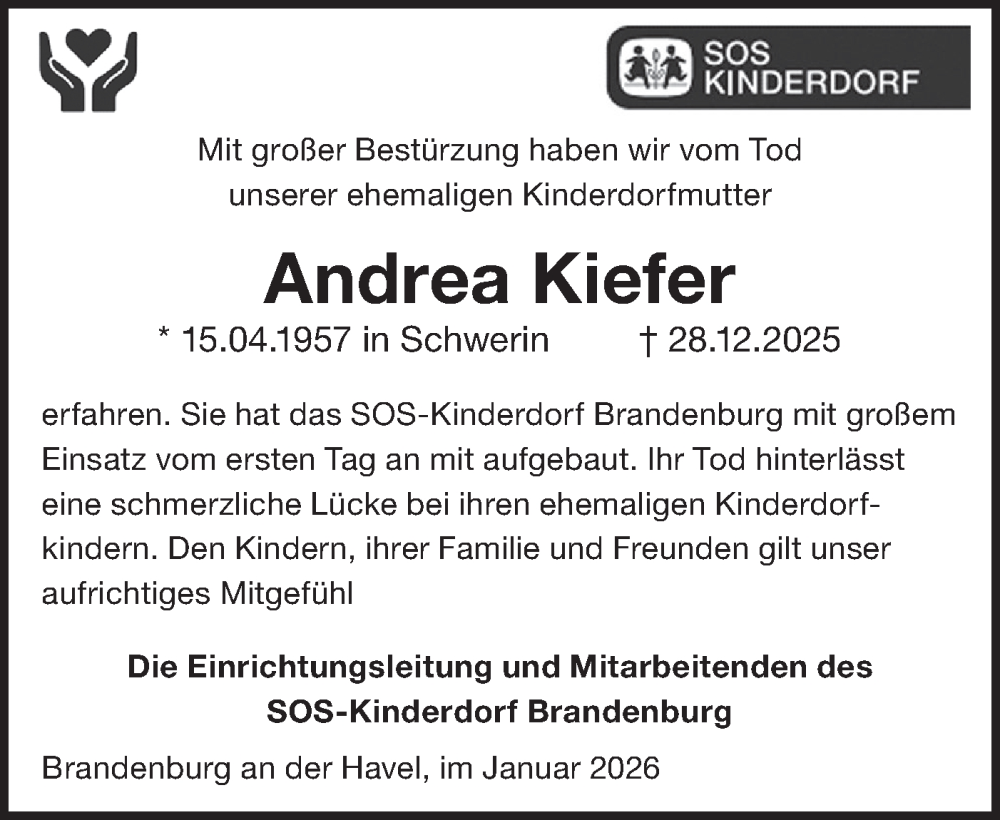  Traueranzeige für Andrea Kiefer vom 31.01.2026 aus Märkische Oderzeitung