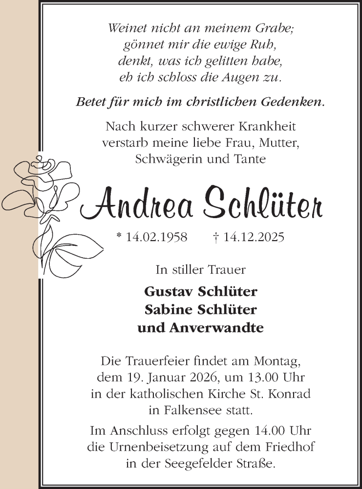  Traueranzeige für Andrea Schlüter vom 10.01.2026 aus Märkische Oderzeitung