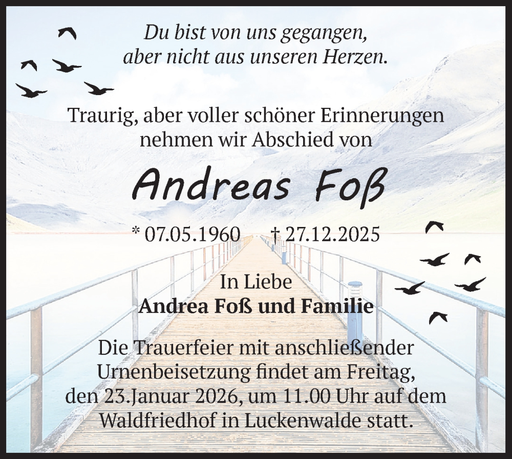  Traueranzeige für Andreas Foß vom 10.01.2026 aus Blickpunkt Jüterbog/Luckenwalde