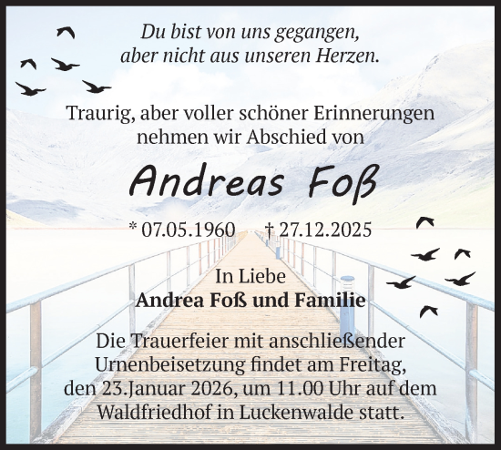 Traueranzeige von Andreas Foß von Blickpunkt Jüterbog/Luckenwalde