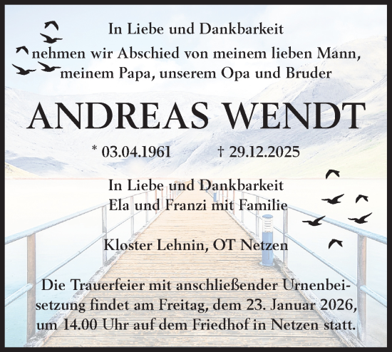 Traueranzeige von Andreas Wendt von Märkische Oderzeitung