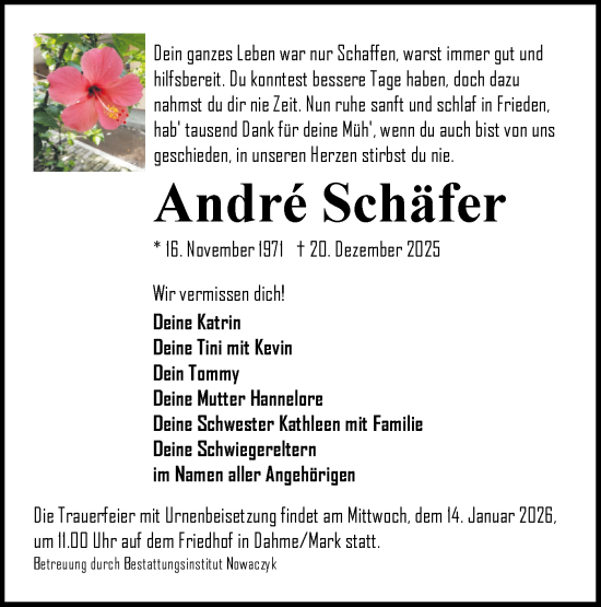 Traueranzeige von André Schäfer von Blickpunkt Jüterbog/Luckenwalde