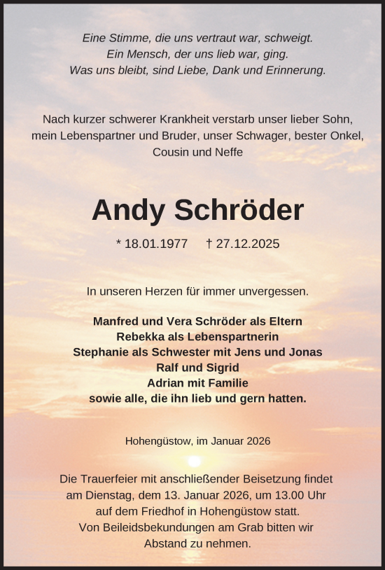 Traueranzeige von Andy Schröder von Märkische Oderzeitung