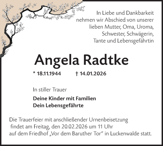 Traueranzeige von Angela Radtke von Blickpunkt Jüterbog/Luckenwalde