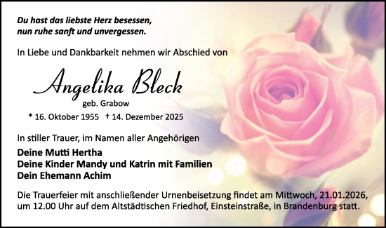 Traueranzeige von Angelika Bloch von Märkische Oderzeitung