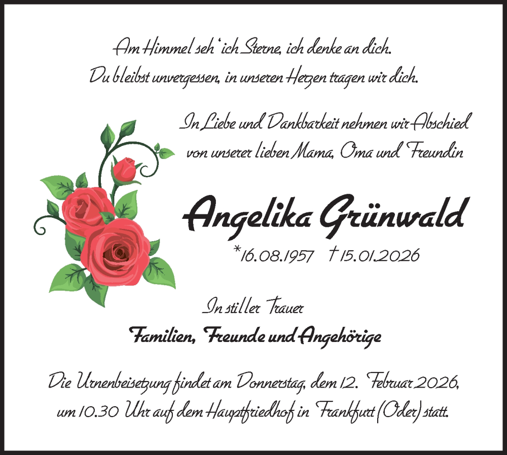 Traueranzeige für Angelika Grünwald vom 31.01.2026 aus Märkische Oderzeitung