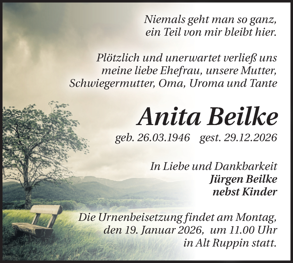  Traueranzeige für Anita Beilke vom 10.01.2026 aus Märkische Oderzeitung