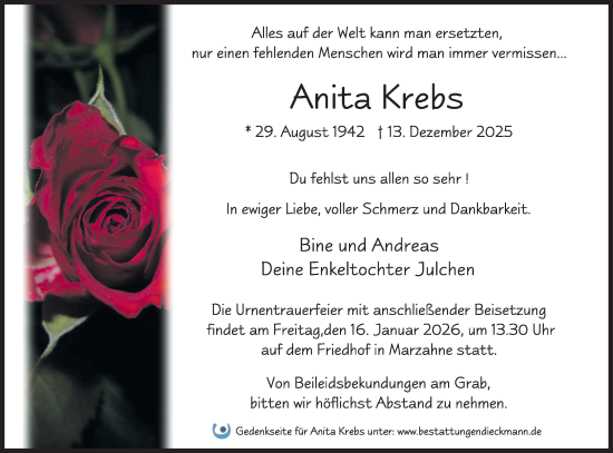Traueranzeige von Anita Krebs von Märkische Oderzeitung