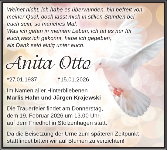 Traueranzeige von Anita Otto von Märkische Oderzeitung