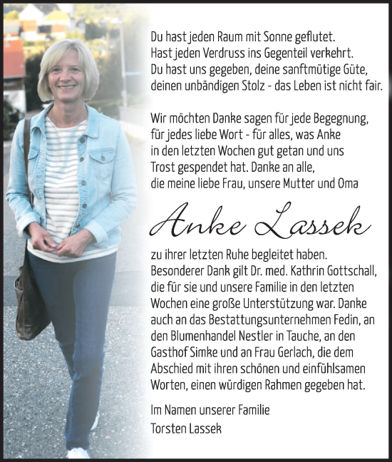 Traueranzeige von Anke Lasse von Märkische Oderzeitung