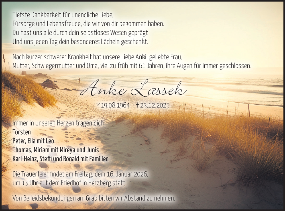  Traueranzeige für Anke Lassek vom 03.01.2026 aus Märkische Oderzeitung