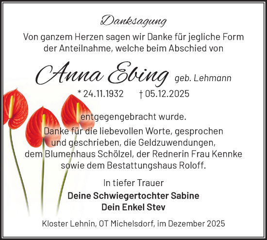 Traueranzeige von Anna Ebing von Märkische Oderzeitung