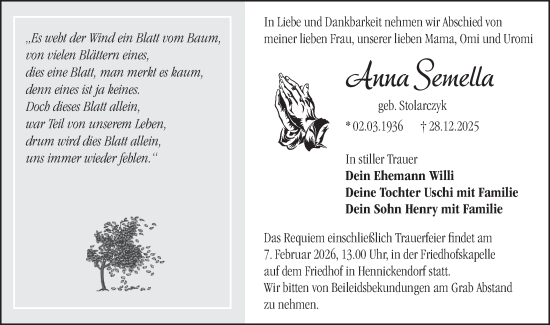 Traueranzeige von Anna Semella von Märkische Oderzeitung