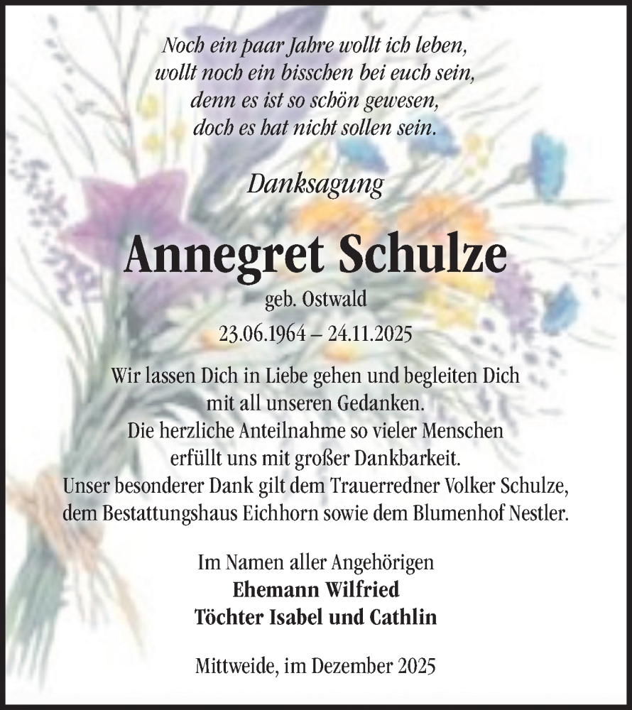  Traueranzeige für Annegret Schulze vom 06.01.2026 aus Märkische Oderzeitung