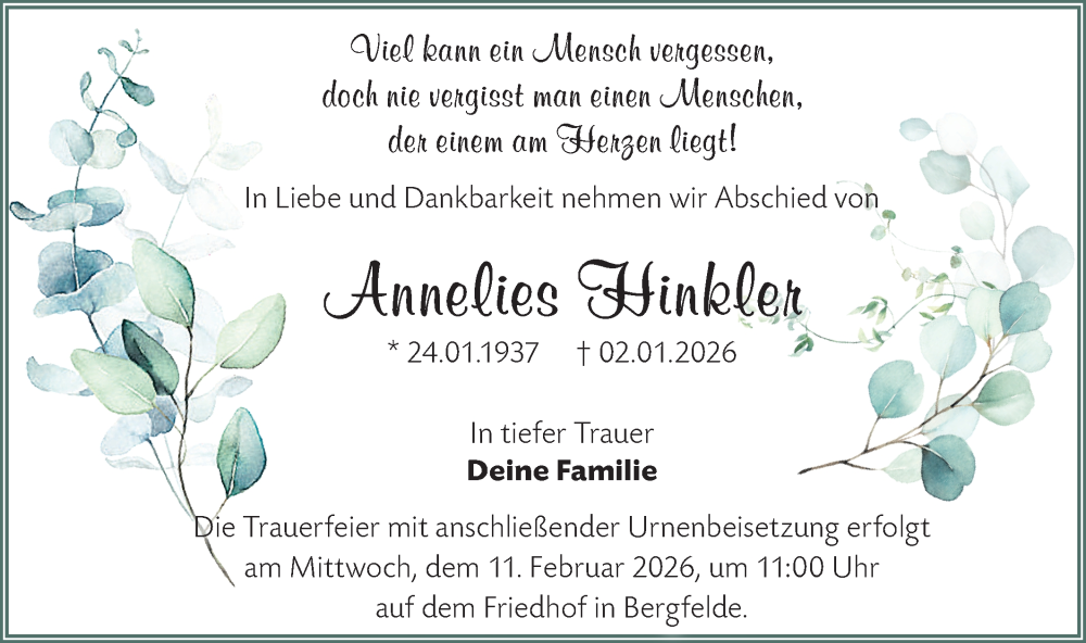  Traueranzeige für Annelies Hinkler vom 31.01.2026 aus Märkische Oderzeitung