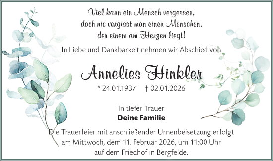 Traueranzeige von Annelies Hinkler von Märkische Oderzeitung