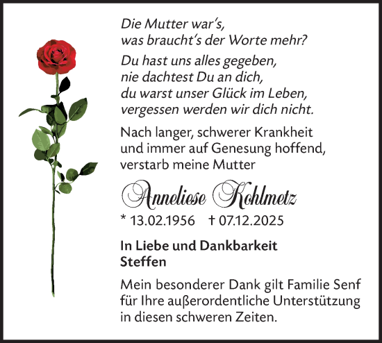 Traueranzeige von Anneliese Kohlmetz von Märkische Oderzeitung
