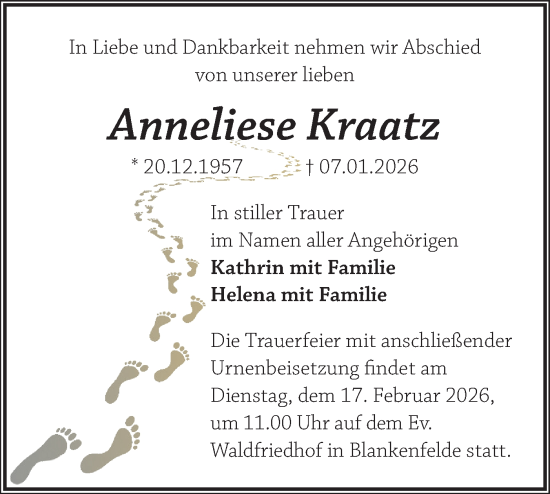 Traueranzeige von Anneliese Kraatz von Blickpunkt Ludwigsfelde/Zossen