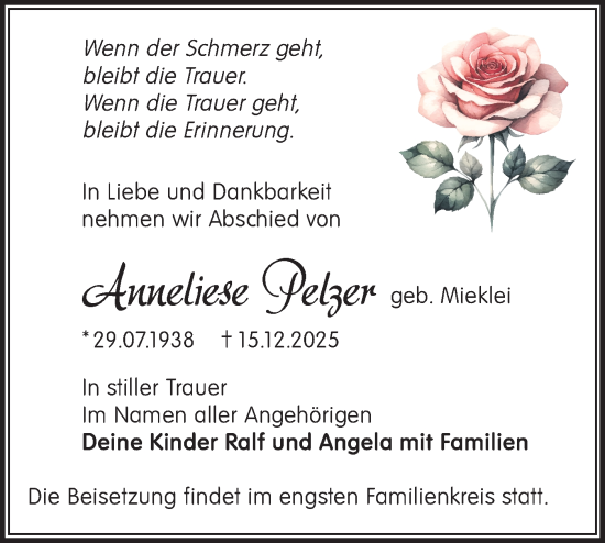 Traueranzeige von Anneliese Pelzer von Märkische Oderzeitung