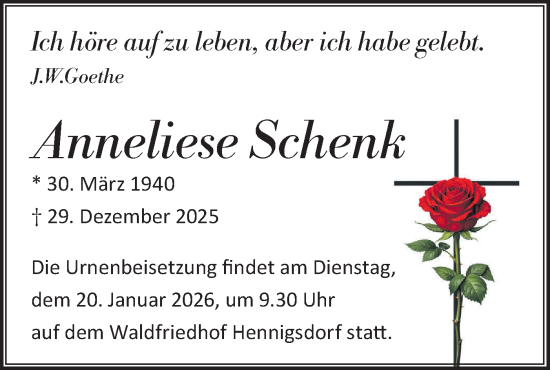 Traueranzeige von Anneliese Schenk von Märkische Oderzeitung