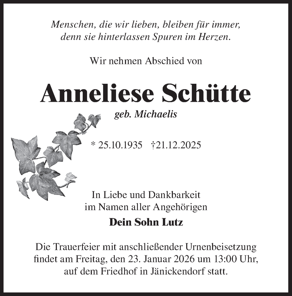  Traueranzeige für Anneliese Schütte vom 10.01.2026 aus Blickpunkt Jüterbog/Luckenwalde