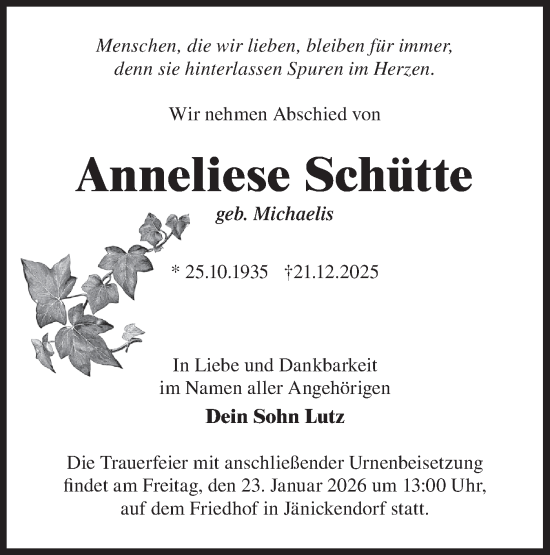 Traueranzeige von Anneliese Schütte von Blickpunkt Jüterbog/Luckenwalde