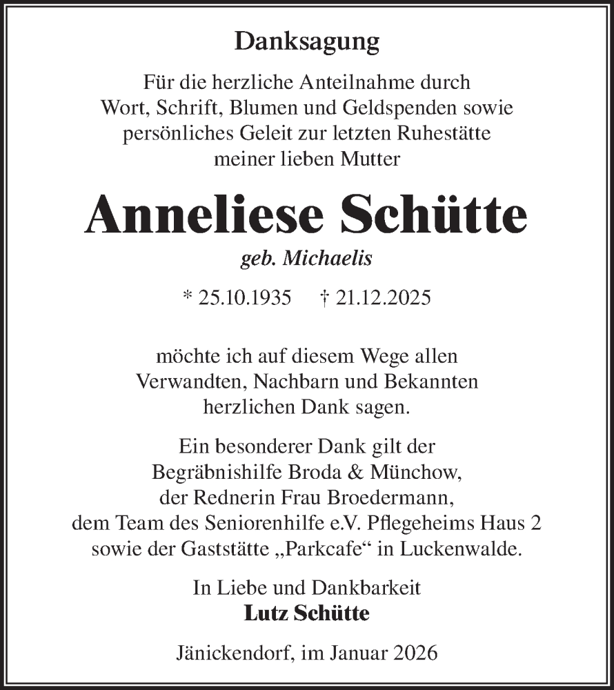  Traueranzeige für Anneliese Schütte vom 31.01.2026 aus Blickpunkt Jüterbog/Luckenwalde