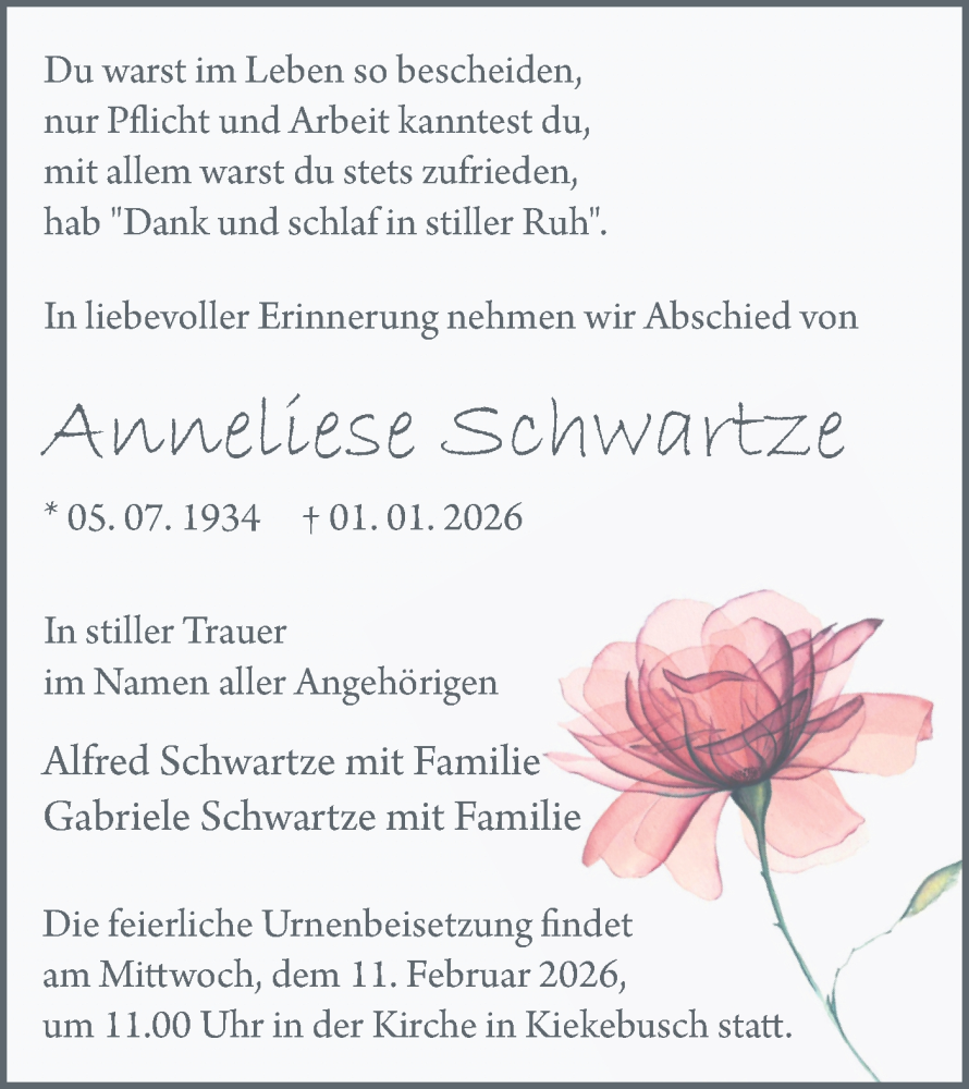  Traueranzeige für Anneliese Schwartze vom 24.01.2026 aus Blickpunkt Königs Wusterhausen
