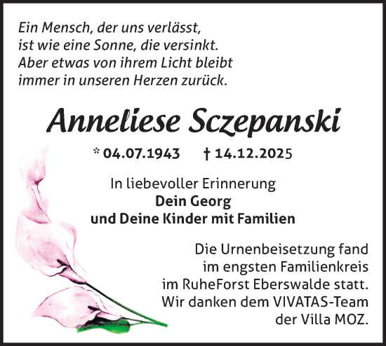 Traueranzeige von Anneliese Sczepanski von Märkische Oderzeitung