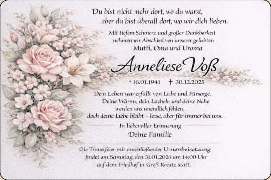 Traueranzeige von Anneliese Voß von Märkische Oderzeitung