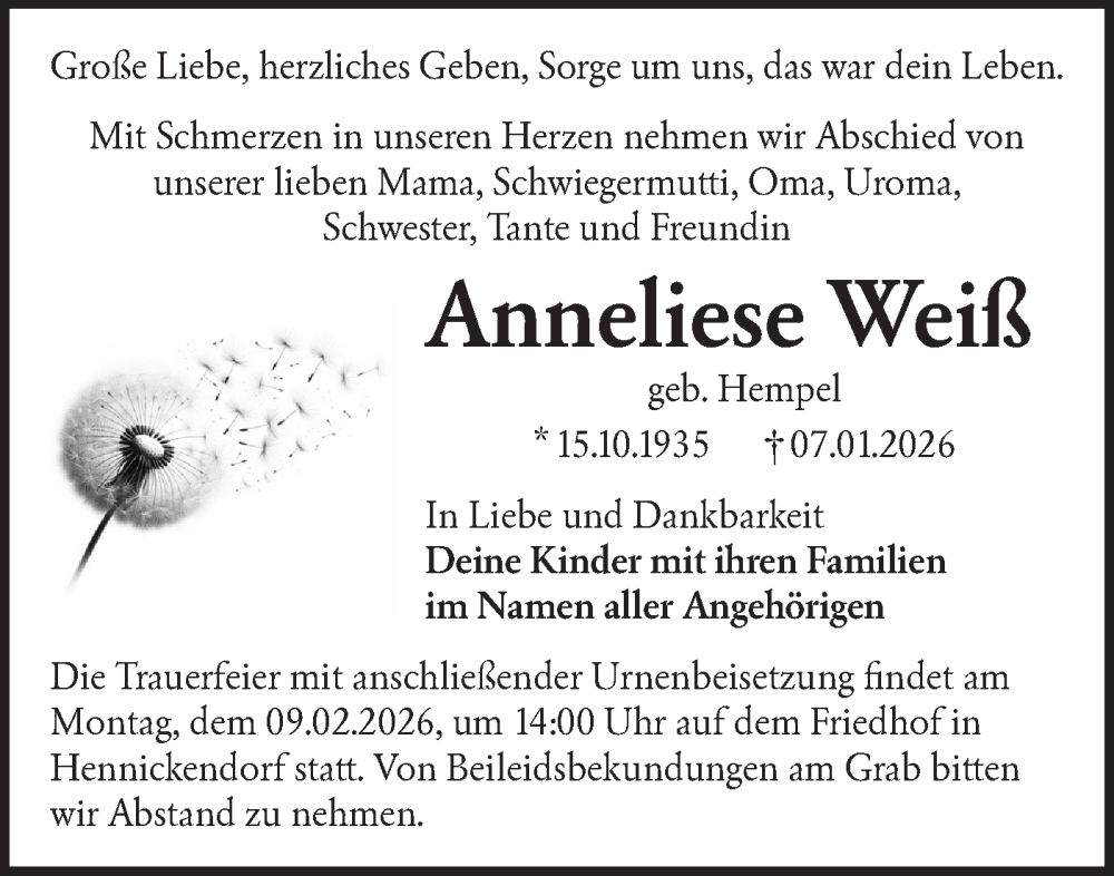  Traueranzeige für Anneliese Weiß vom 24.01.2026 aus Märkische Oderzeitung