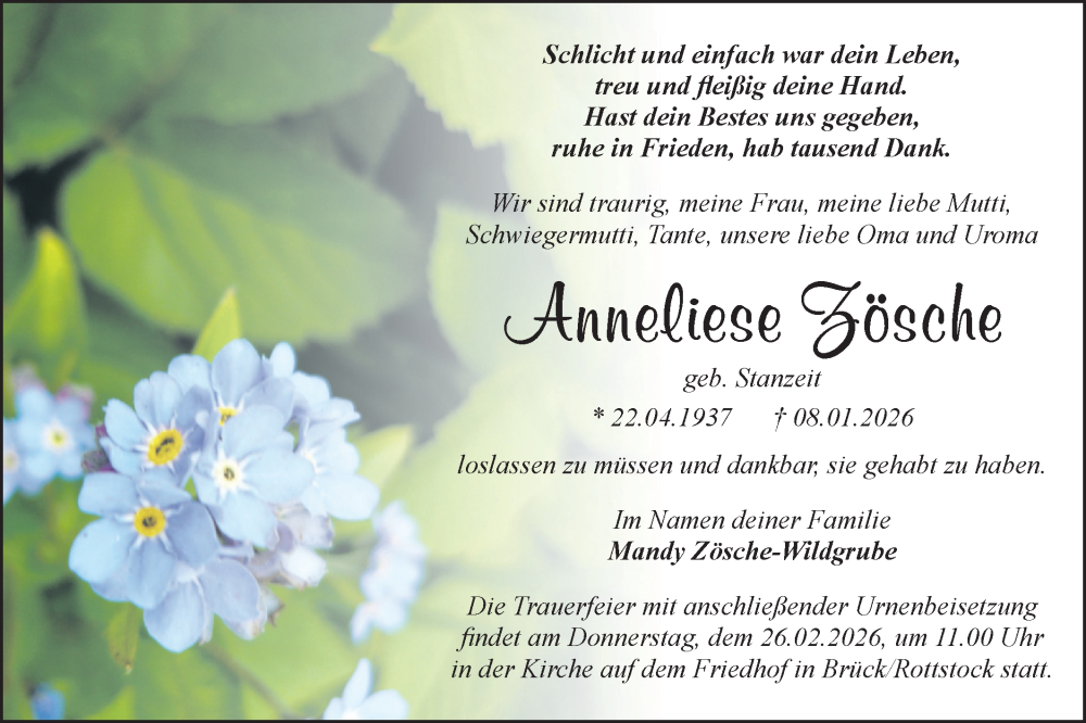  Traueranzeige für Anneliese Zösche vom 24.01.2026 aus Märkische Oderzeitung