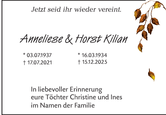 Traueranzeige von Anneliese und Horst Kilian  von Märkische Oderzeitung