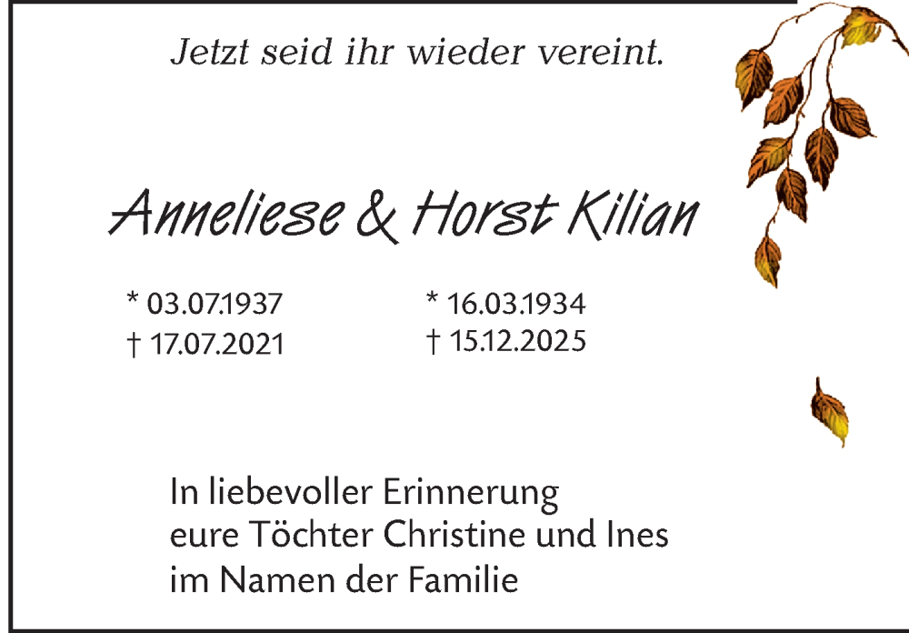 Traueranzeige für Anneliese und Horst Kilian  vom 29.01.2026 aus Märkische Oderzeitung