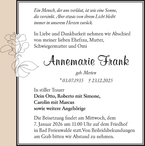 Traueranzeige von Annemarie Frank von MO Oderld.-Echo