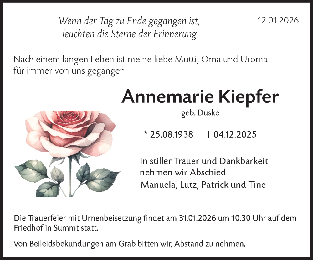  Traueranzeige für Annemarie Kiepfer vom 16.01.2026 aus Märkische Oderzeitung