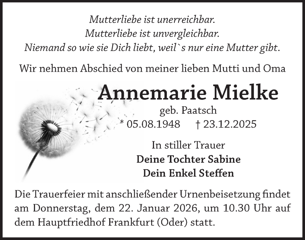  Traueranzeige für Annemarie Mielke vom 10.01.2026 aus Märkische Oderzeitung