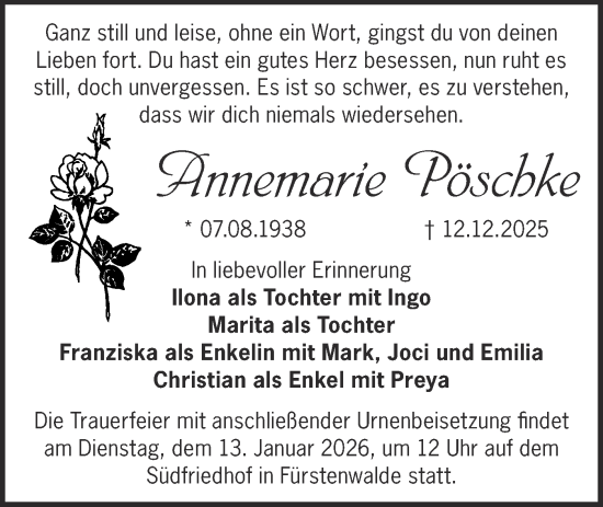 Traueranzeige von Annemarie Pöschke von Märkische Oderzeitung